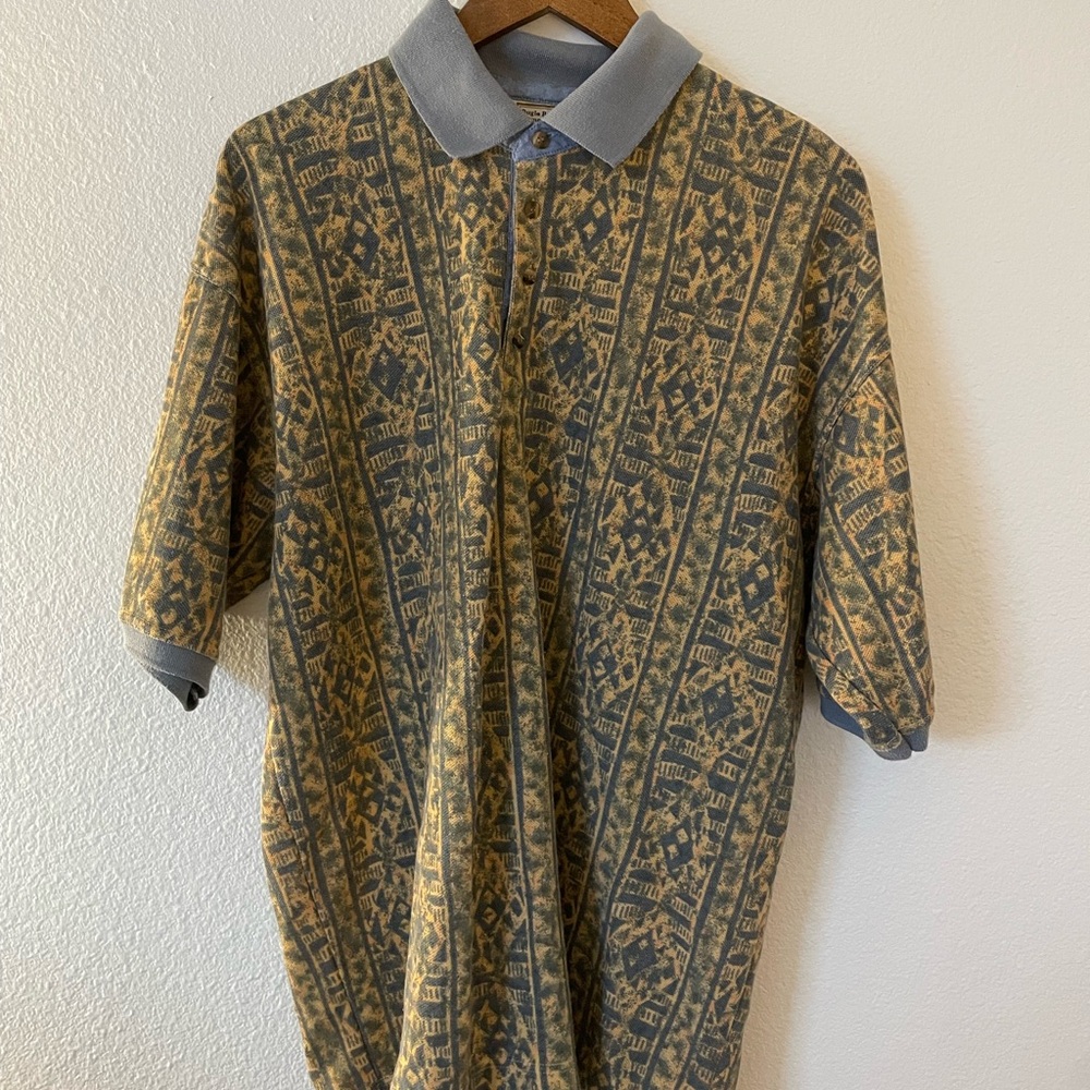 Vintage Men's Bugle Boy Patterned Polo Shirt in Mustard and Gray - Size Large
